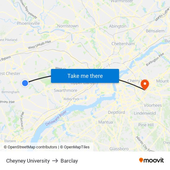 Cheyney University to Barclay map