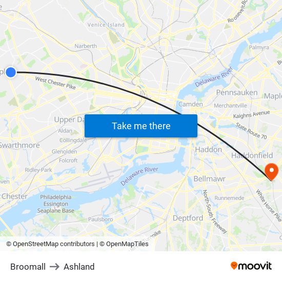 Broomall to Ashland map