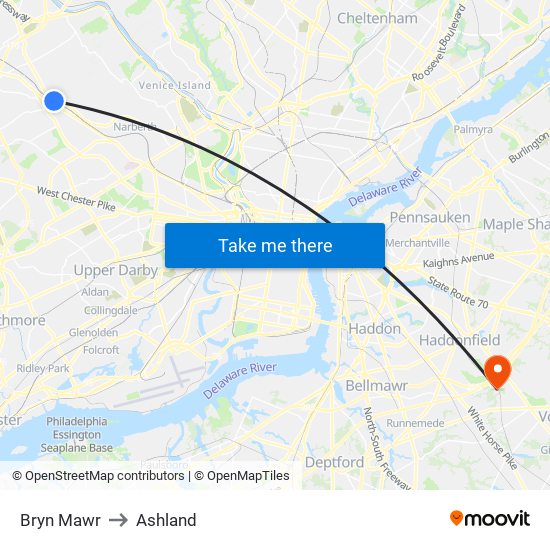 Bryn Mawr to Ashland map