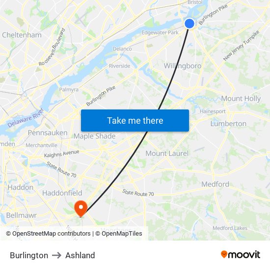 Burlington to Ashland map