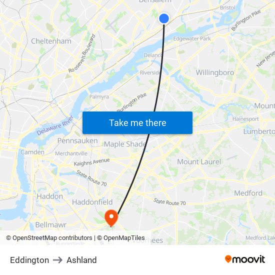 Eddington to Ashland map