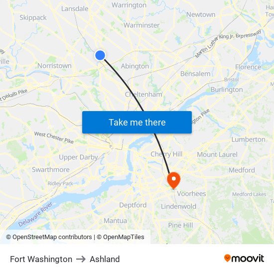Fort Washington to Ashland map