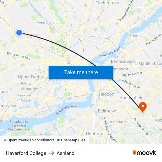Haverford College to Ashland map