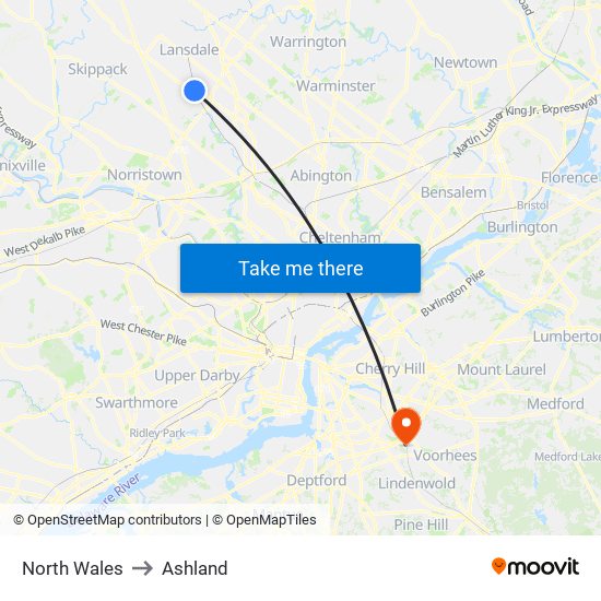 North Wales to Ashland map