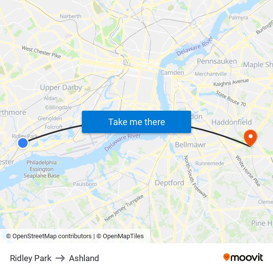 Ridley Park to Ashland map