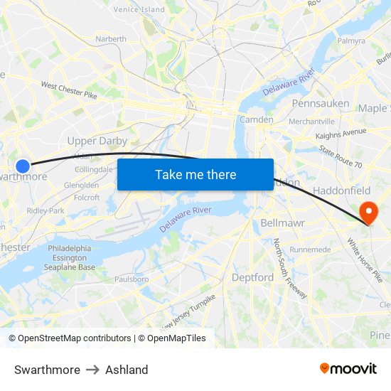 Swarthmore to Ashland map