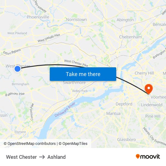 West Chester to Ashland map