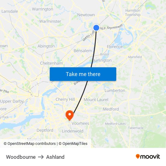 Woodbourne to Ashland map