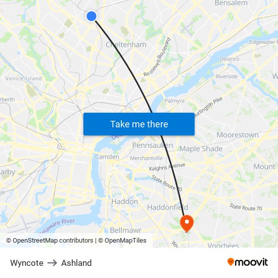 Wyncote to Ashland map