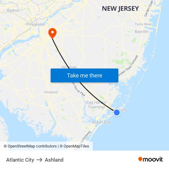 Atlantic City to Ashland map