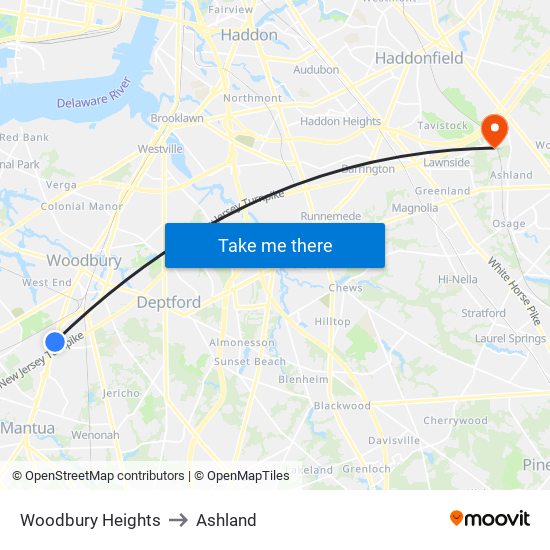 Woodbury Heights to Ashland map