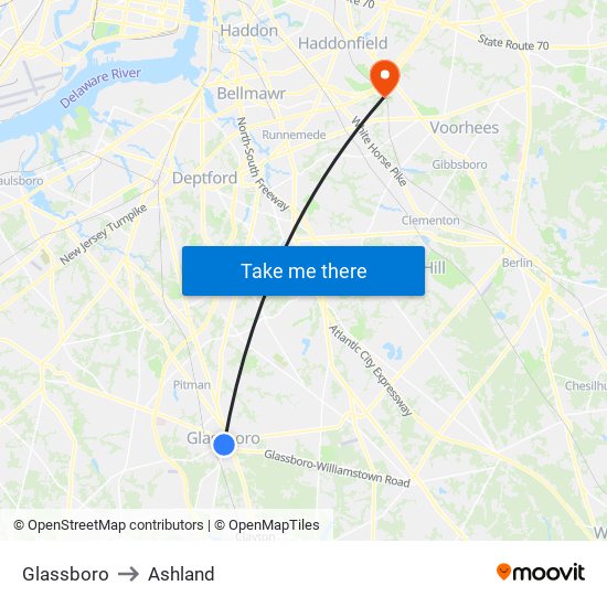 Glassboro to Ashland map