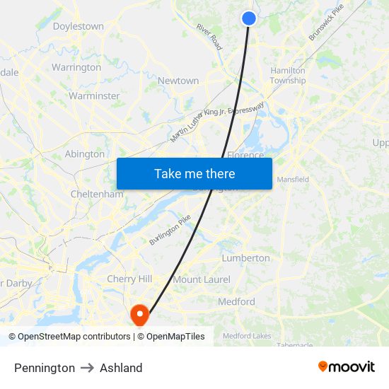 Pennington to Ashland map