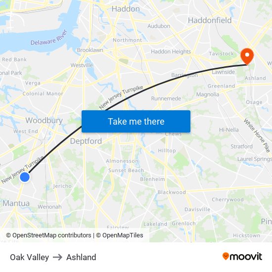 Oak Valley to Ashland map