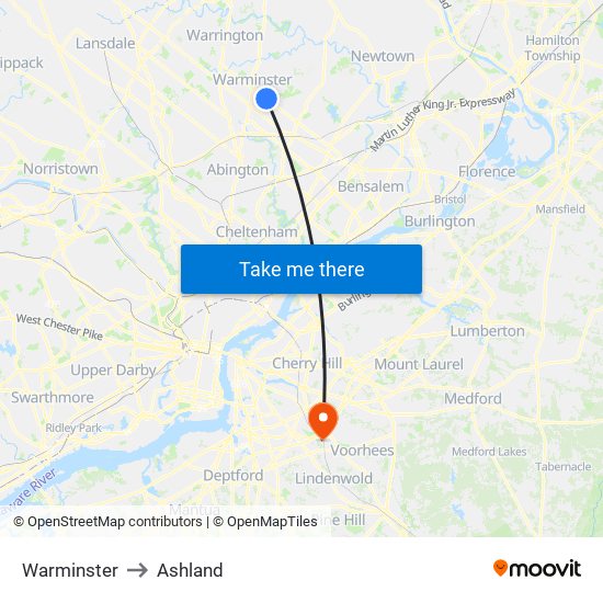 Warminster to Ashland map