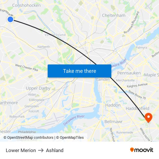 Lower Merion to Ashland map