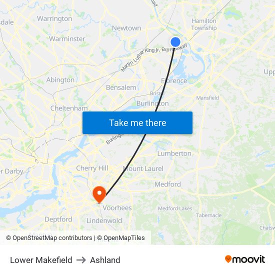 Lower Makefield to Ashland map