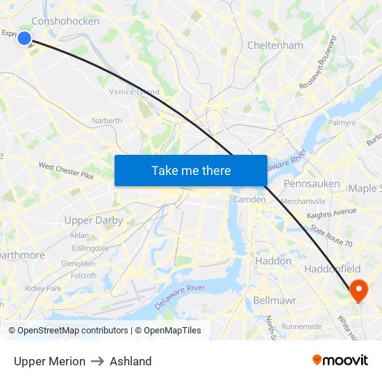 Upper Merion to Ashland map