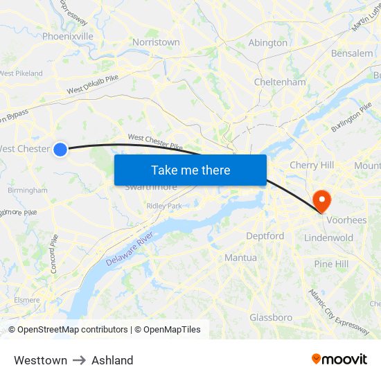 Westtown to Ashland map