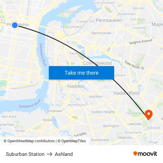 Suburban Station to Ashland map