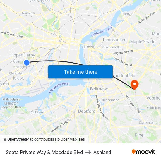 Septa Private Way & Macdade Blvd to Ashland map