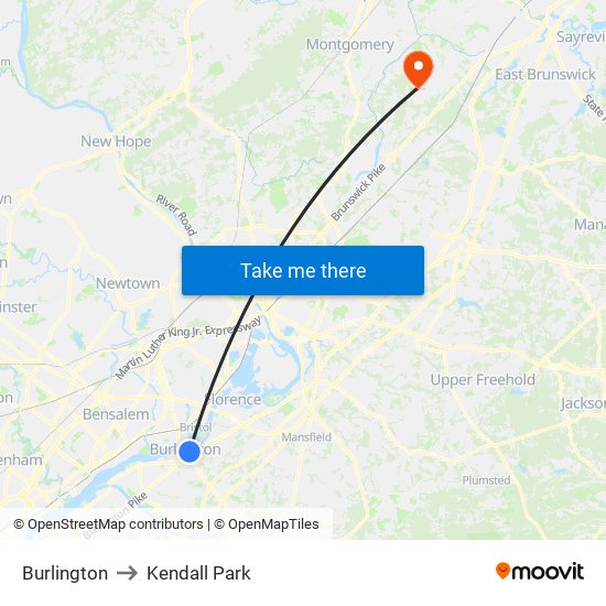 Burlington to Kendall Park map