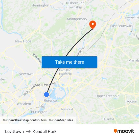 Levittown to Kendall Park map