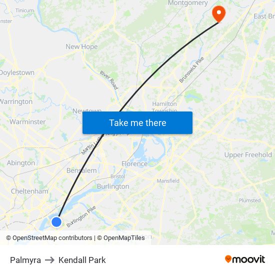 Palmyra to Kendall Park map