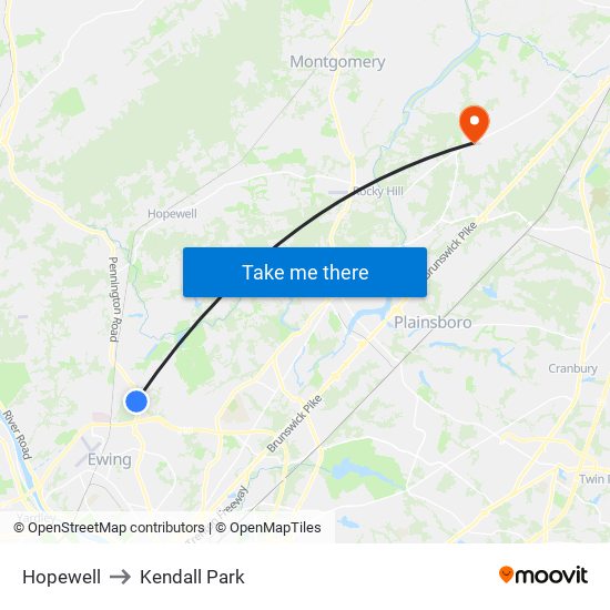 Hopewell to Kendall Park map