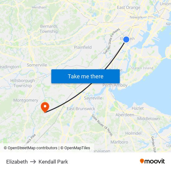 Elizabeth to Kendall Park map