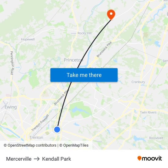 Mercerville to Kendall Park map