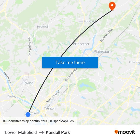 Lower Makefield to Kendall Park map