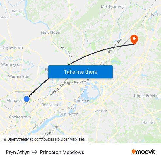 Bryn Athyn to Princeton Meadows map