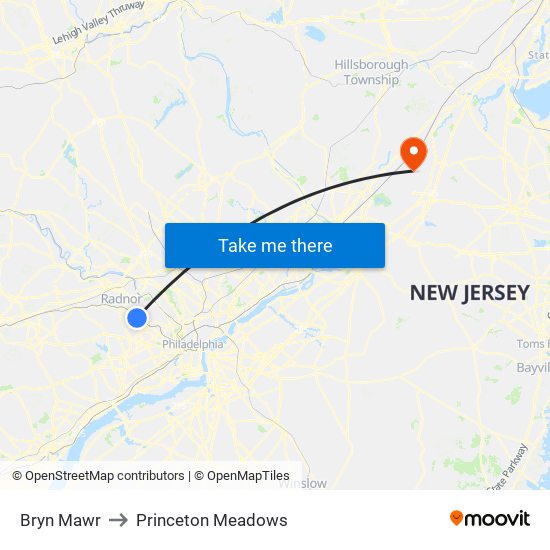 Bryn Mawr to Princeton Meadows map