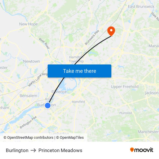 Burlington to Princeton Meadows map