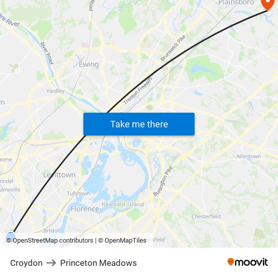 Croydon to Princeton Meadows map