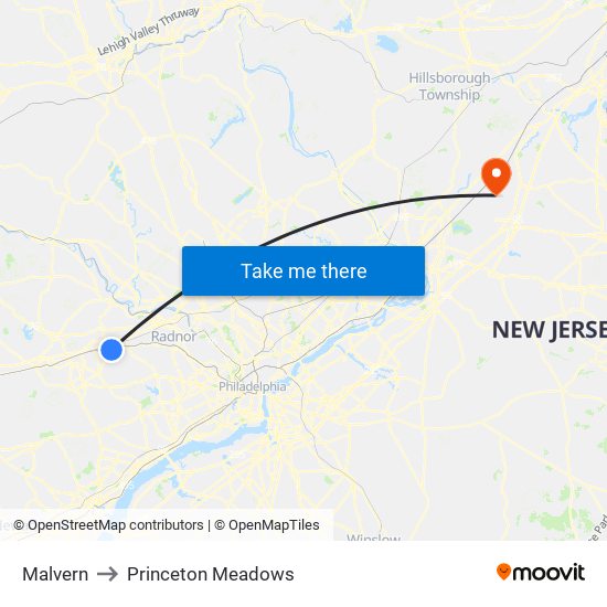 Malvern to Princeton Meadows map