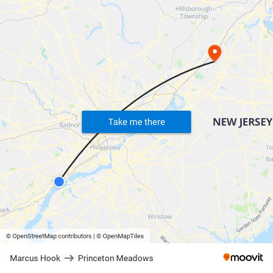 Marcus Hook to Princeton Meadows map