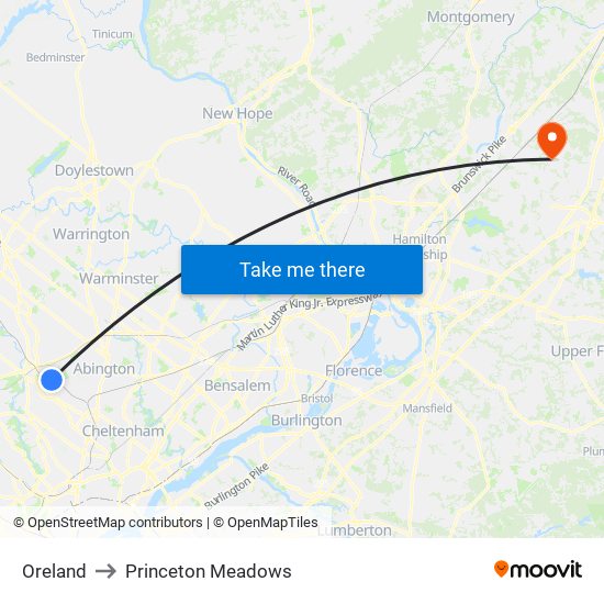 Oreland to Princeton Meadows map