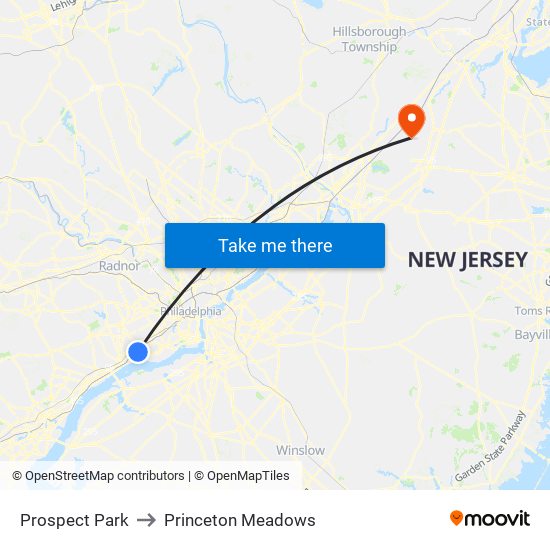 Prospect Park to Princeton Meadows map