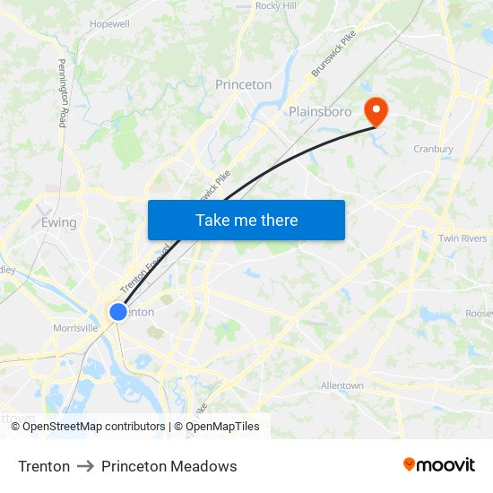 Trenton to Princeton Meadows map