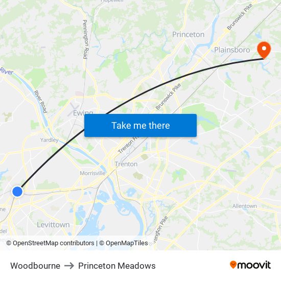 Woodbourne to Princeton Meadows map