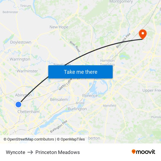 Wyncote to Princeton Meadows map