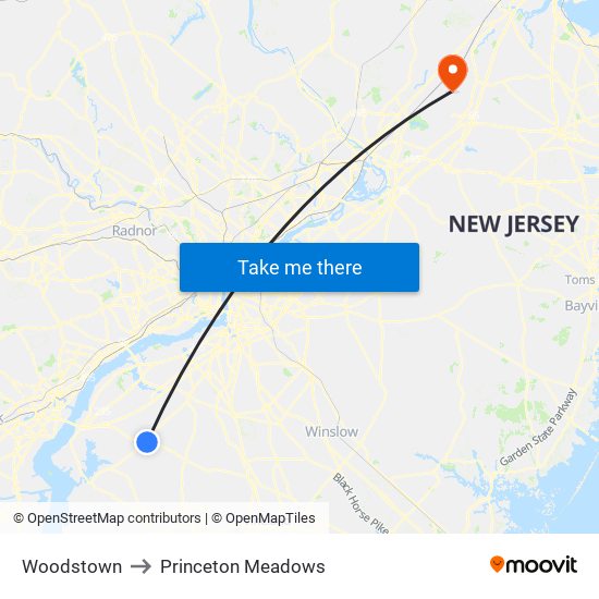 Woodstown to Princeton Meadows map
