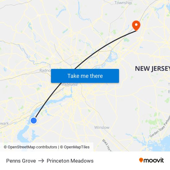 Penns Grove to Princeton Meadows map