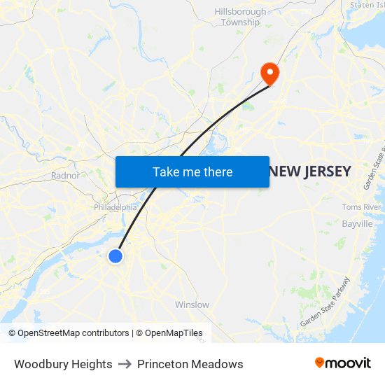 Woodbury Heights to Princeton Meadows map