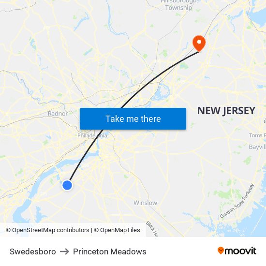Swedesboro to Princeton Meadows map