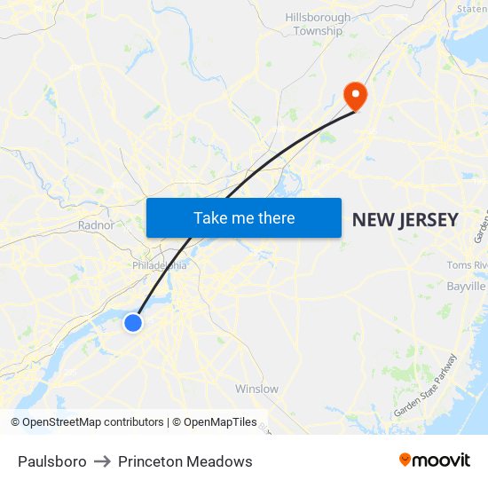 Paulsboro to Princeton Meadows map
