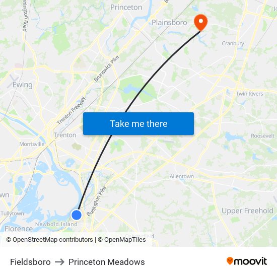 Fieldsboro to Princeton Meadows map