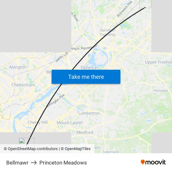 Bellmawr to Princeton Meadows map